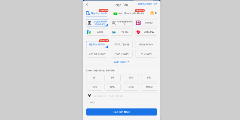 Chọn hình thức nạp tiền 78Win phù hợp giúp bạn thao tác nhanh chóng